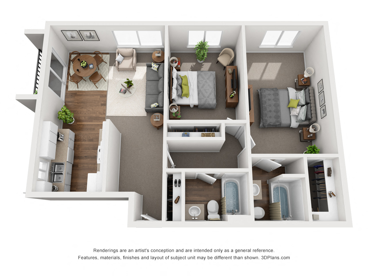 Floor plan for 2 beds, 2 baths, 996 sqft